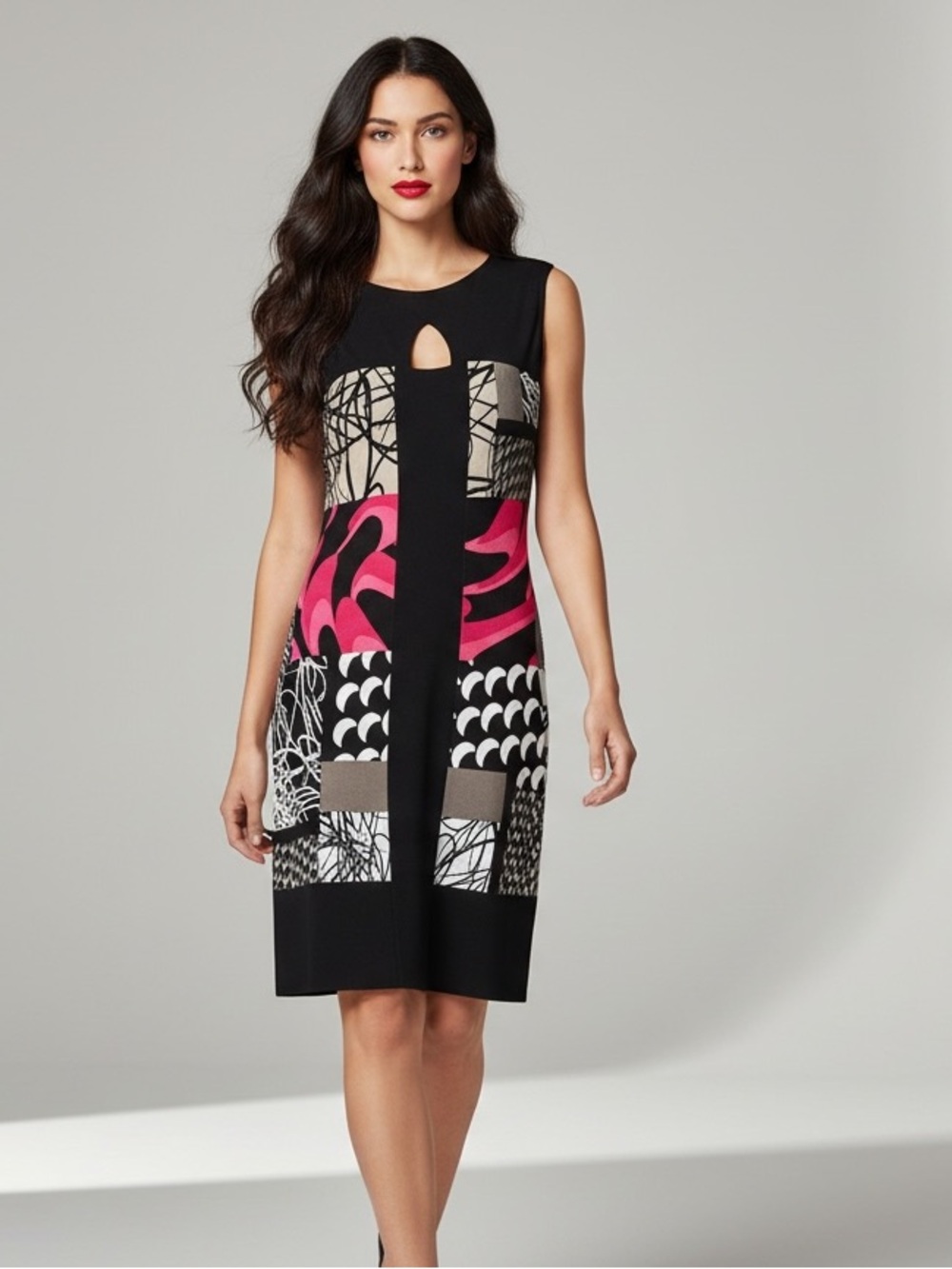 Joseph Ribkoff Pink & Black Geometric Keyhole Sheath Dress - Size 2